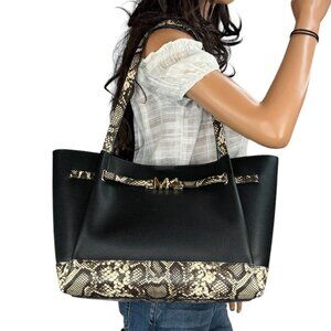 Michael Kors Reed Large Belted Shoulder Tote Bag Natural/Black Exotic Accents
